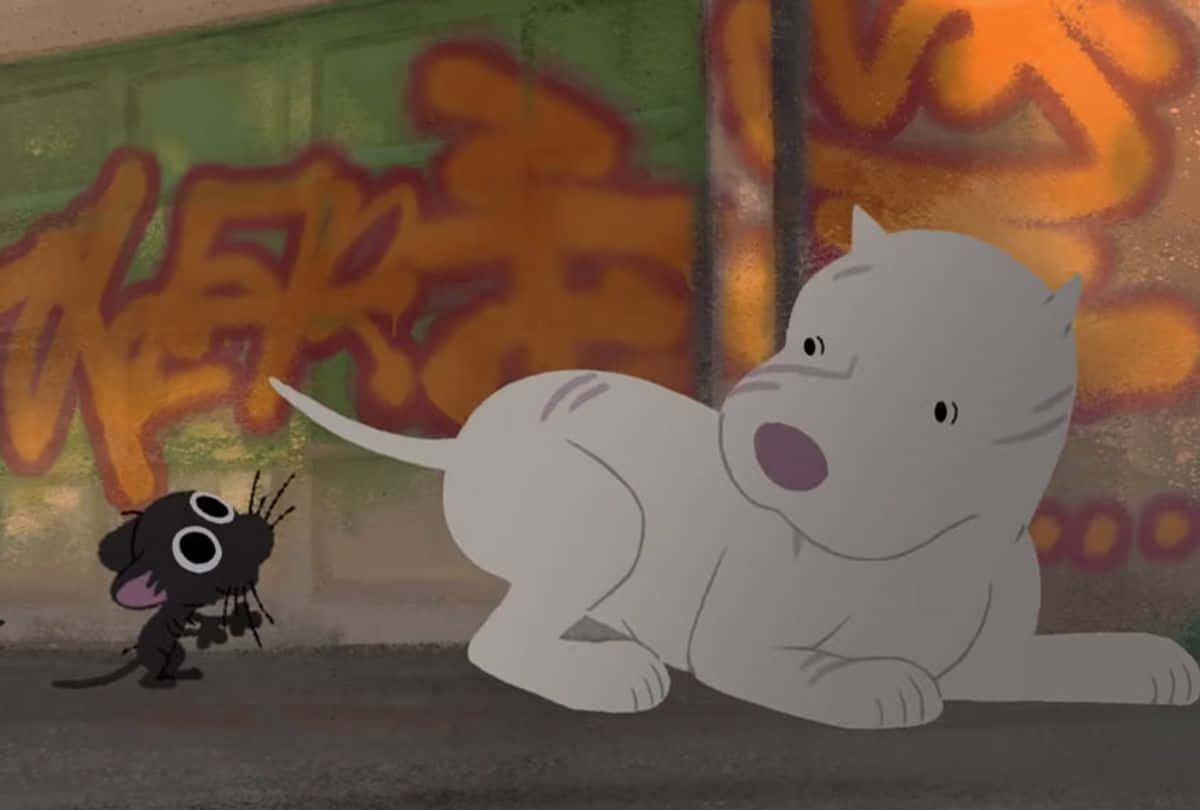cartoon white puppy, tiny black mouse, gritty street floor, SD Desktop Wallpaper