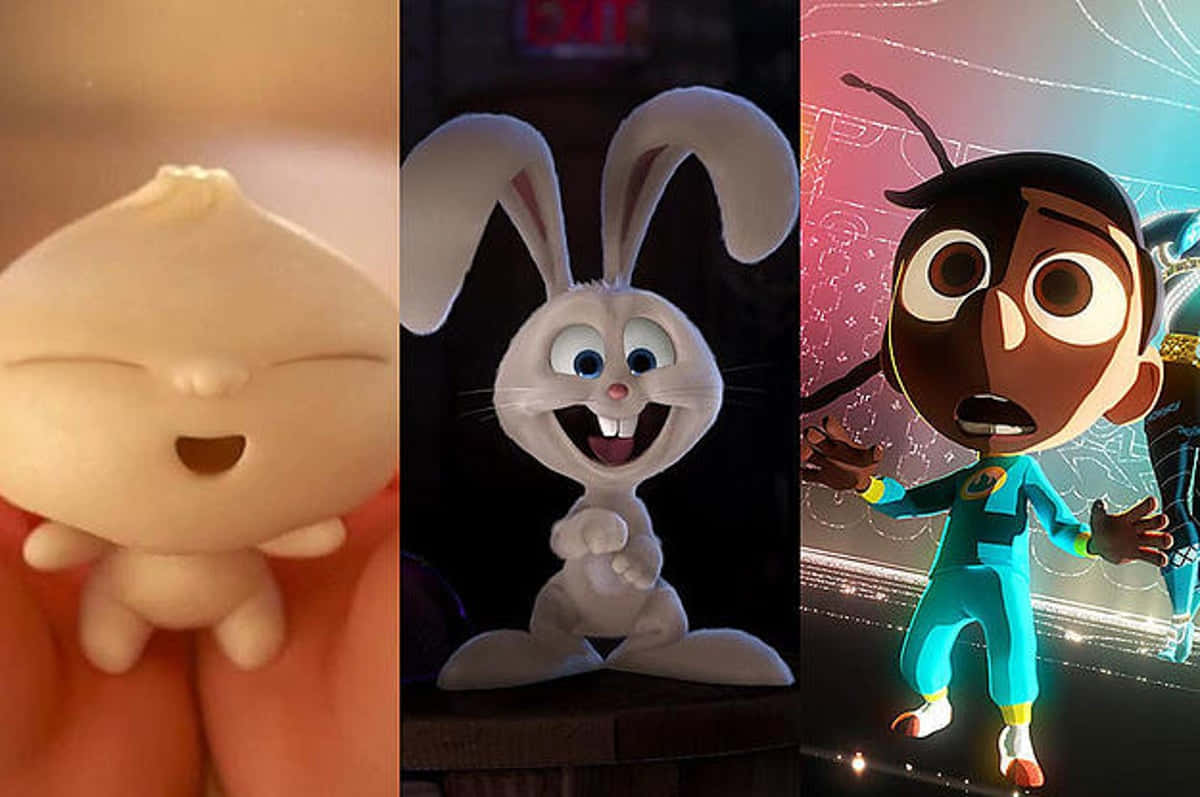 clay baby, joyful white rabbit, surprised boy in a teal suit, SD Desktop Wallpaper