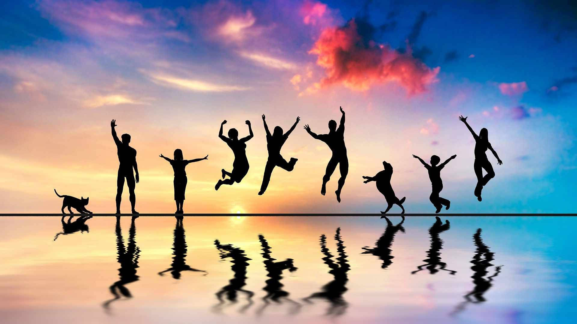 Group Jump Shot On Water, silhouettes, vibrant sunset sky, Full HD Desktop Wallpaper