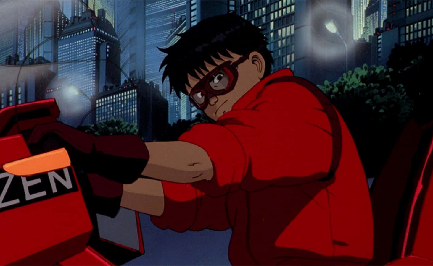 Shotaro Kaneda, iconic motorcycle, neon-lit city skyline, HD Desktop Wallpaper