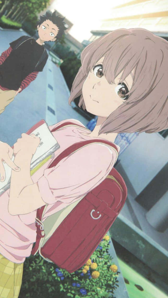 Shouko Nishimiya, red backpack, sunlit urban street, SD Phone Wallpaper