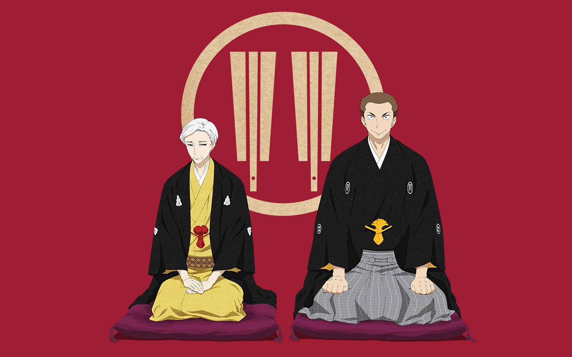 Shouwa genroku rakugo shinjuu, traditional Japanese attire, deep red background, Full HD Desktop Wallpaper