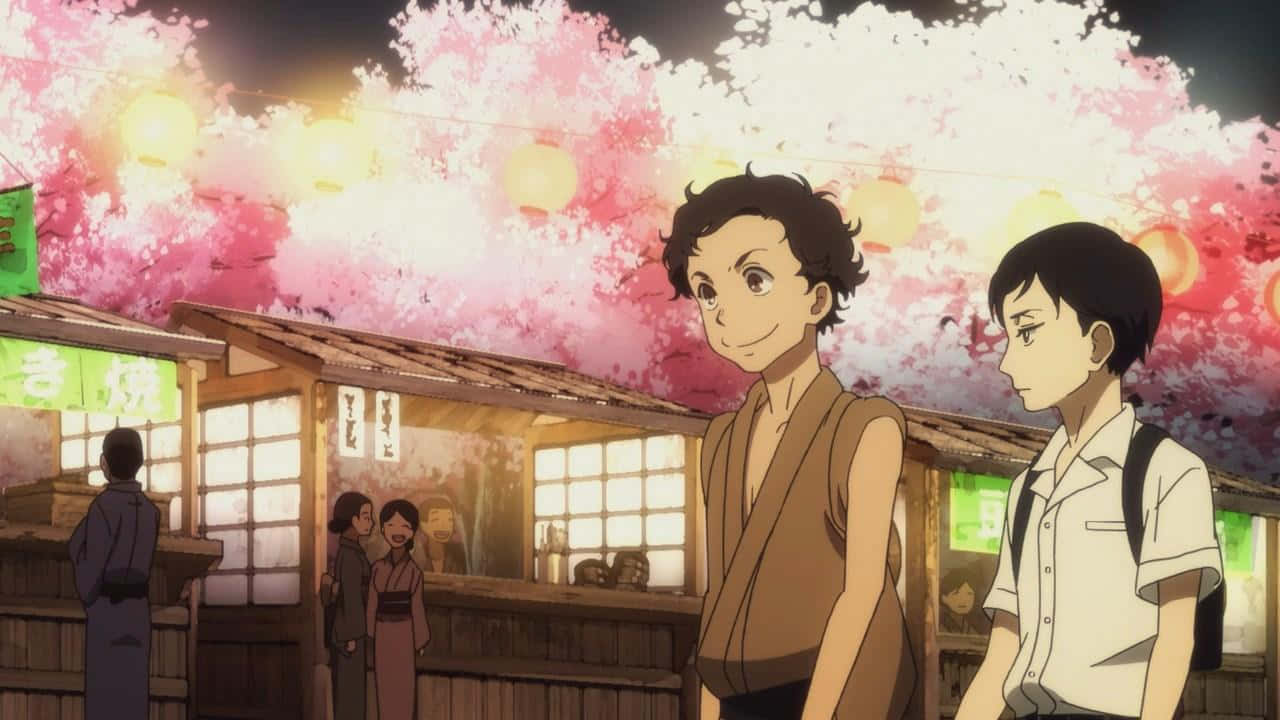 Shouwa Genroku Rakugo Shinjuu, glowing lanterns, pink cherry blossoms, HD Desktop Wallpaper