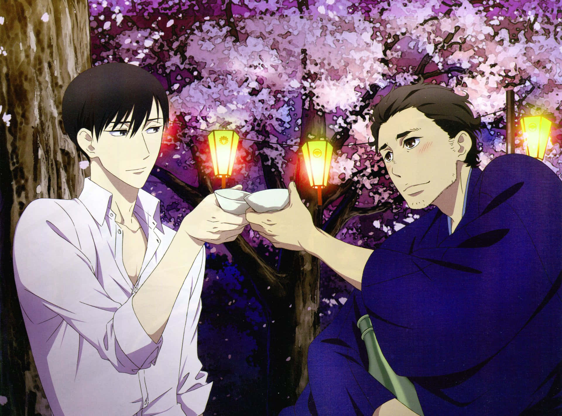 Shouwa Genroku Rakugo Shinjuu, pink cherry blossoms, glowing lanterns, Full HD Desktop Wallpaper