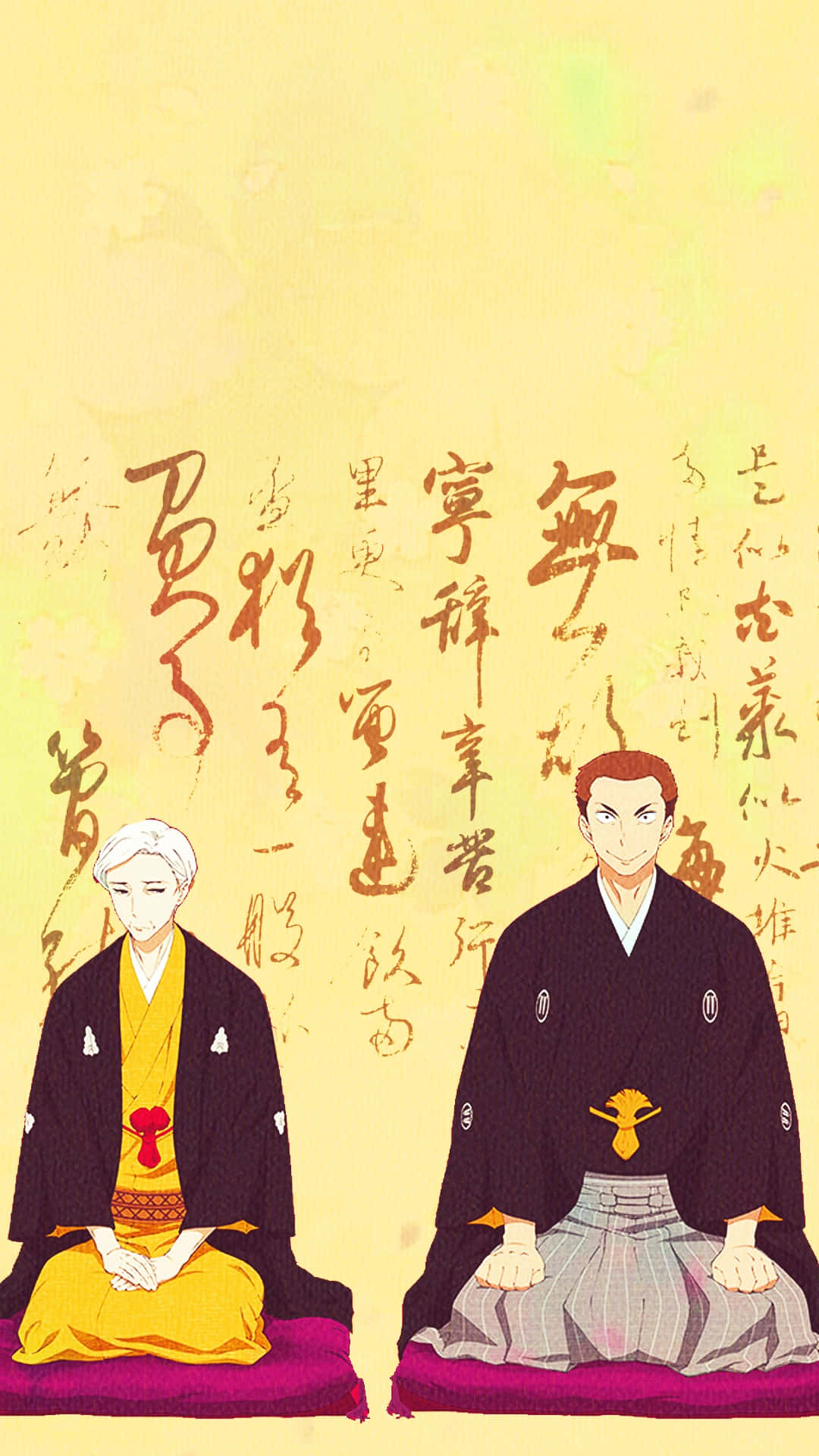 Shouwa Genroku Rakugo Shinjuu, traditional Japanese robes, purple cushions, Full HD Phone Wallpaper