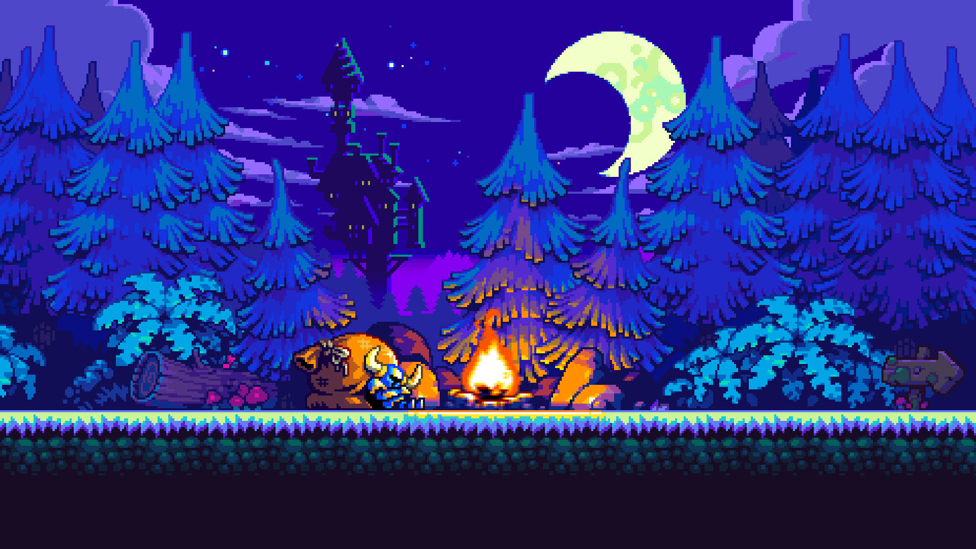 Shovel Knight, dark forest, crescent moon, Full HD Desktop Wallpaper