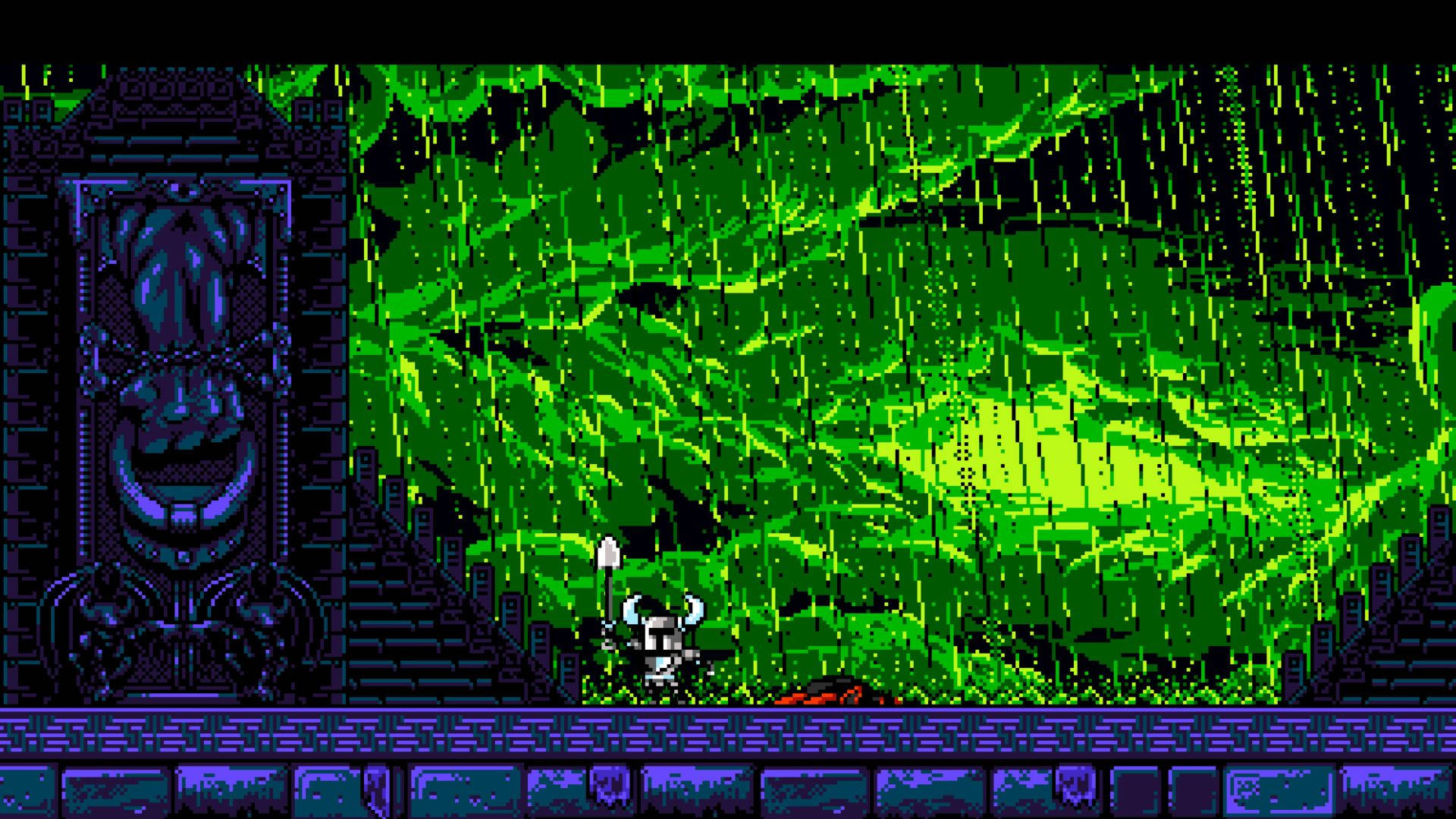 Shovel Knight, glowing green waterfall, dark dungeon, Full HD Desktop Wallpaper