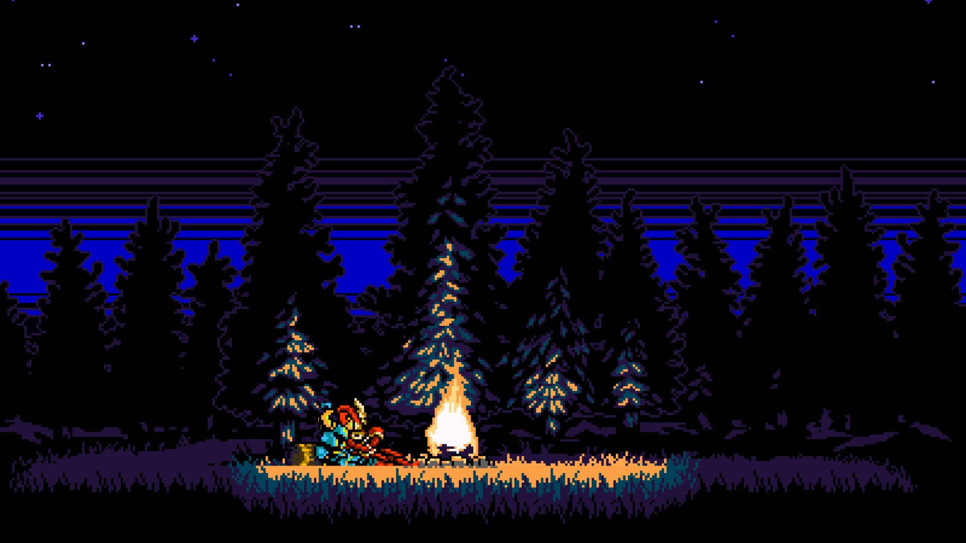 Shovel Knight, glowing bonfire, starry night sky, Full HD Desktop Wallpaper