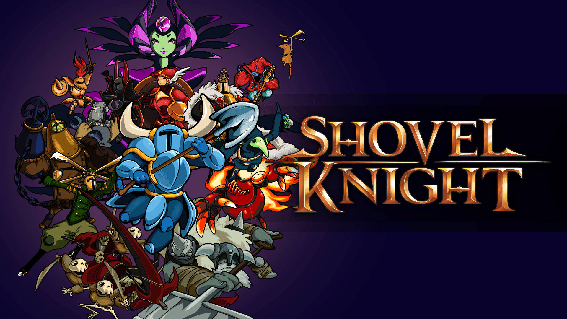 Shovel Knight, retro-style game characters, dark purple backdrop, Full HD Desktop Wallpaper