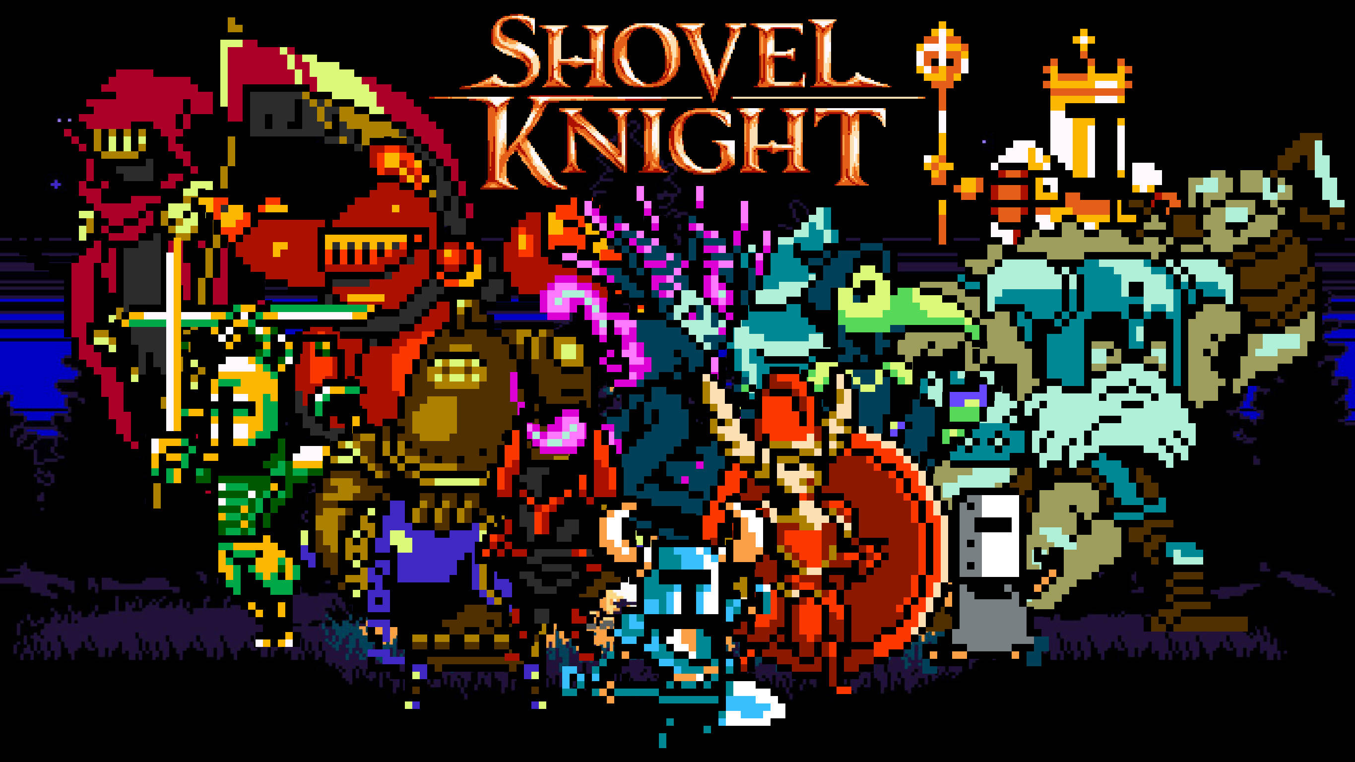 Shovel Knight, pixel art, glowing title text, 2K Desktop Wallpaper