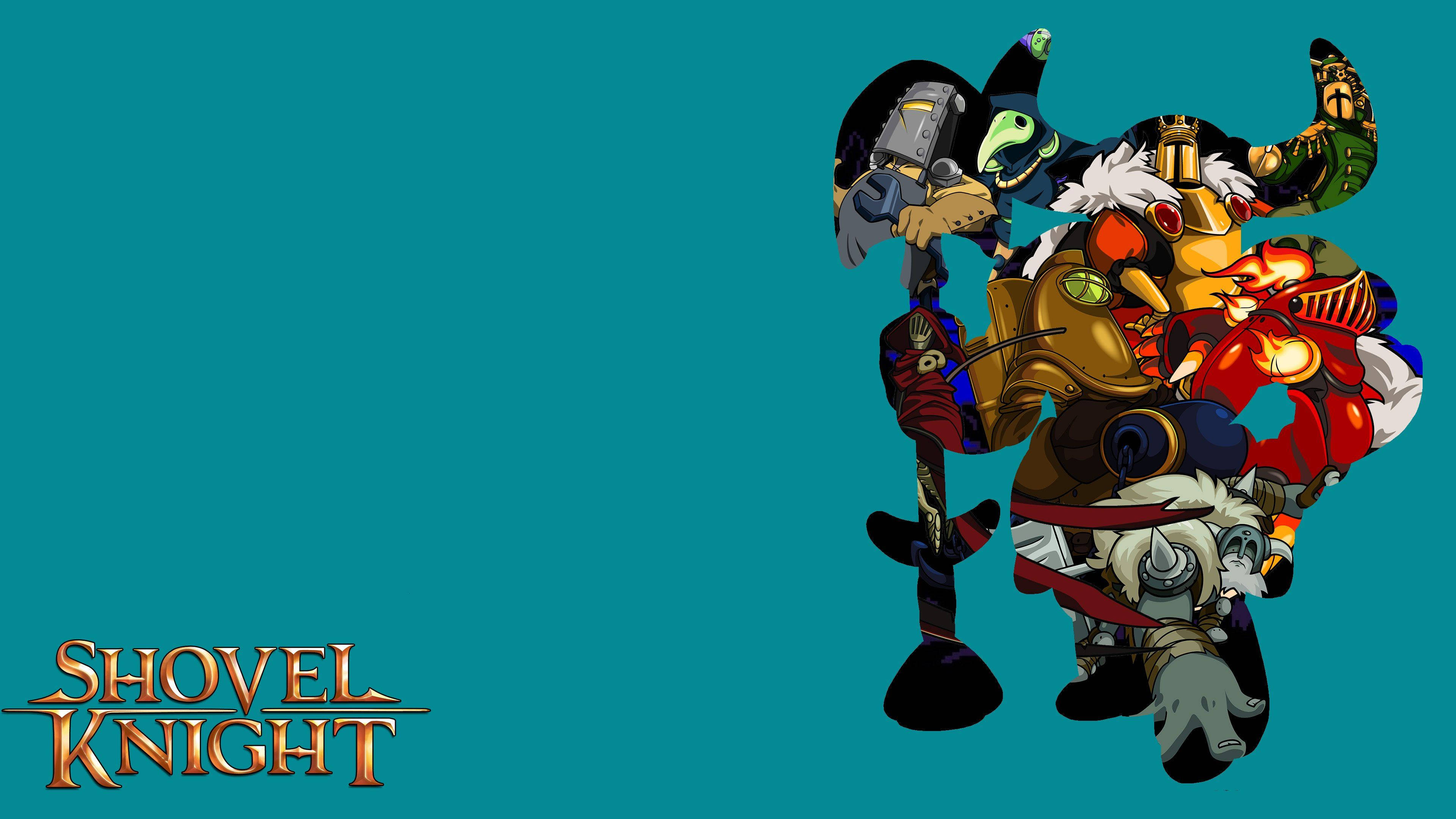Shovel Knight, teal background, stylized video game characters, 4K Desktop Wallpaper