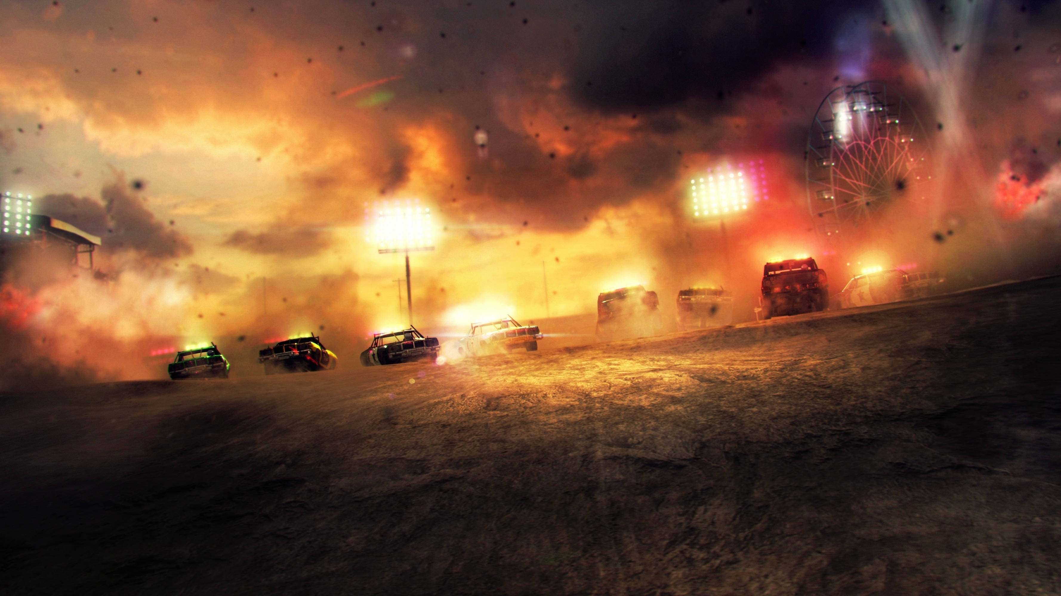 dirt showdown, amusement park, fiery sunset, 2K Desktop Wallpaper