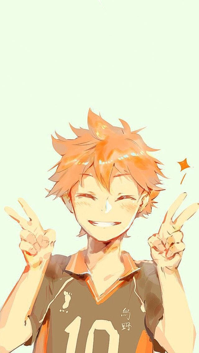 Shoyo Hinata, peace sign, spiky orange hair, SD Phone Wallpaper