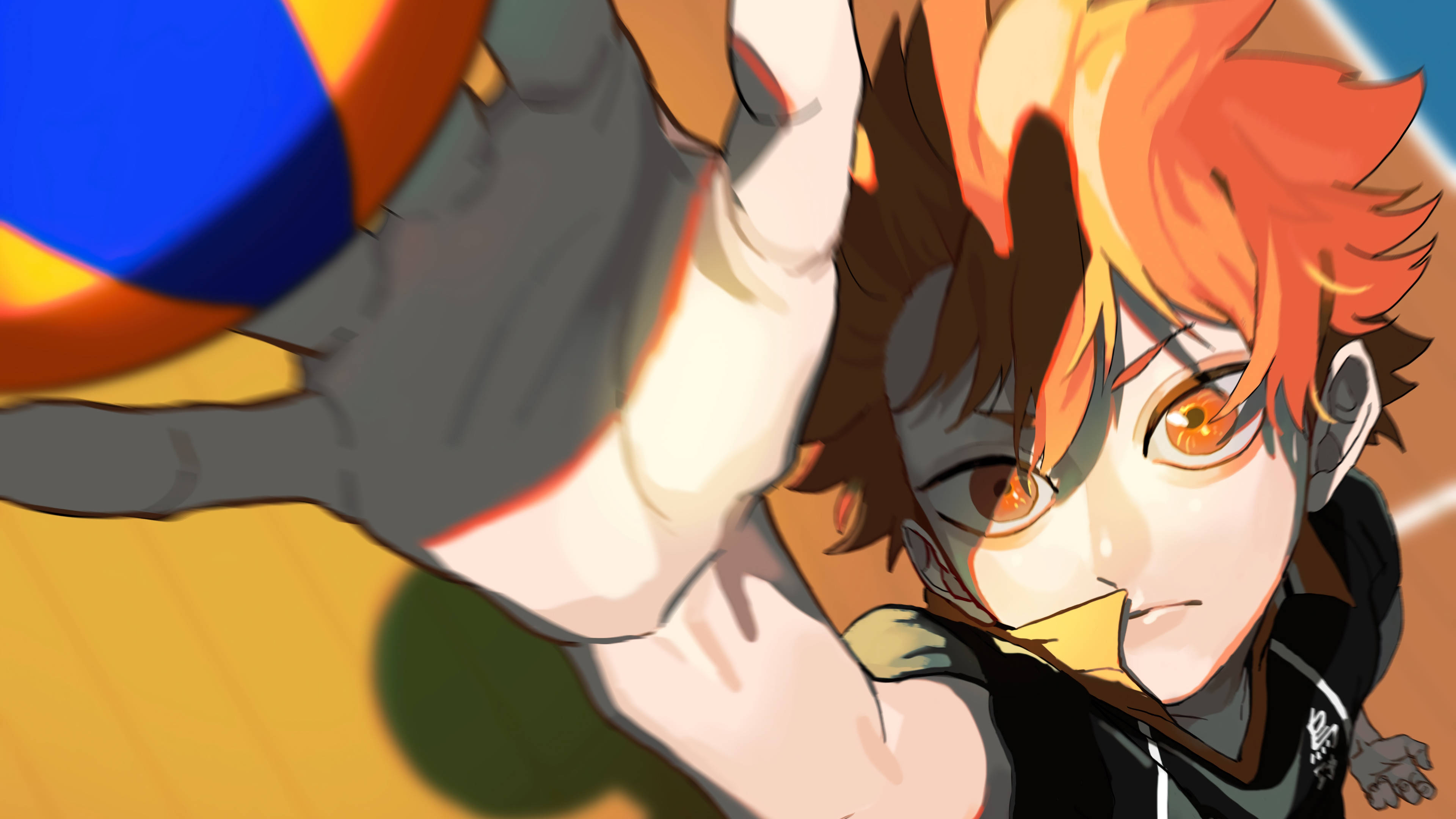 Shoyo Hinata, fiery orange hair, intense amber eyes, 4K Desktop Wallpaper