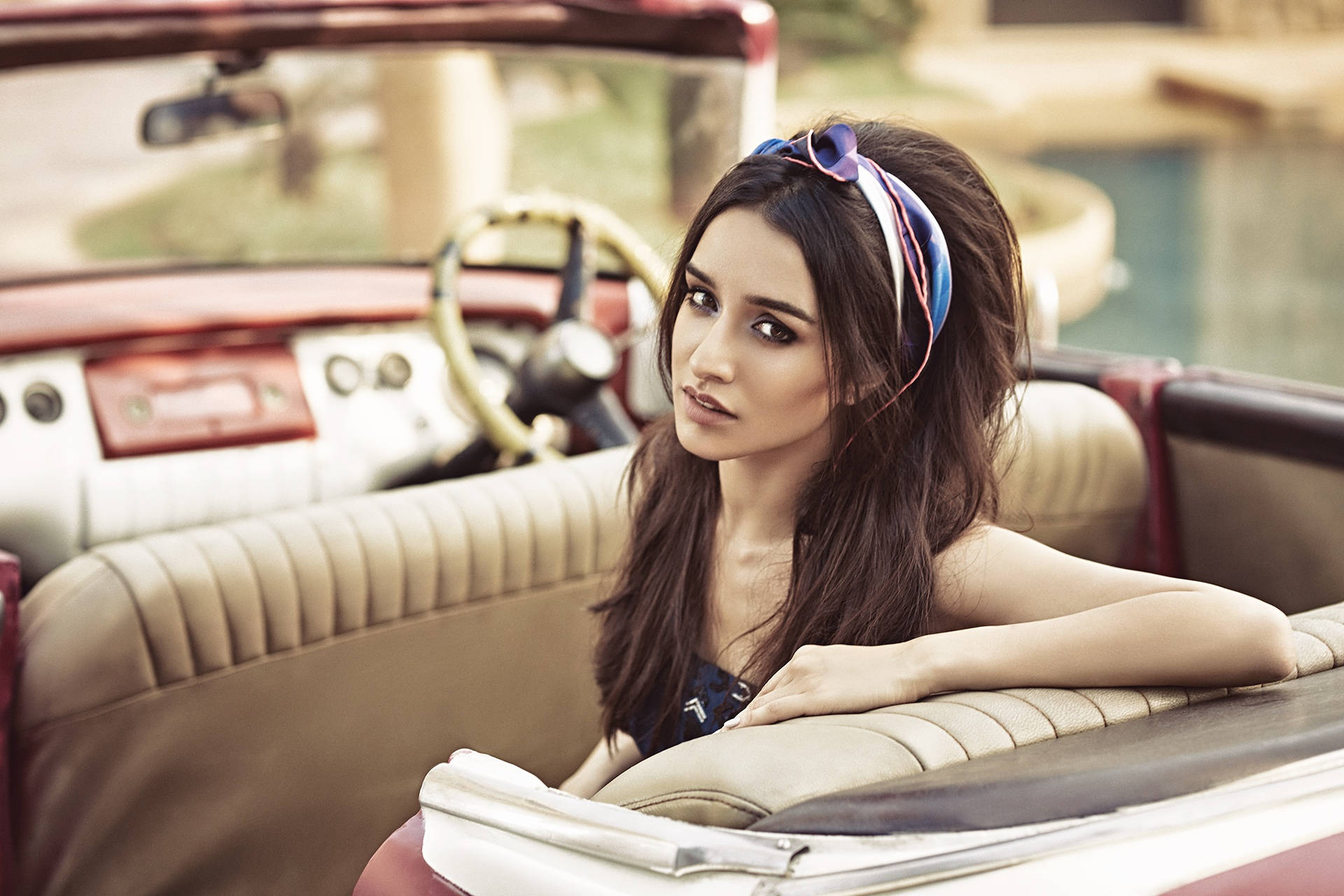 Shraddha Kapoor, vintage red convertible car, beige leather seats, Full HD Desktop Wallpaper