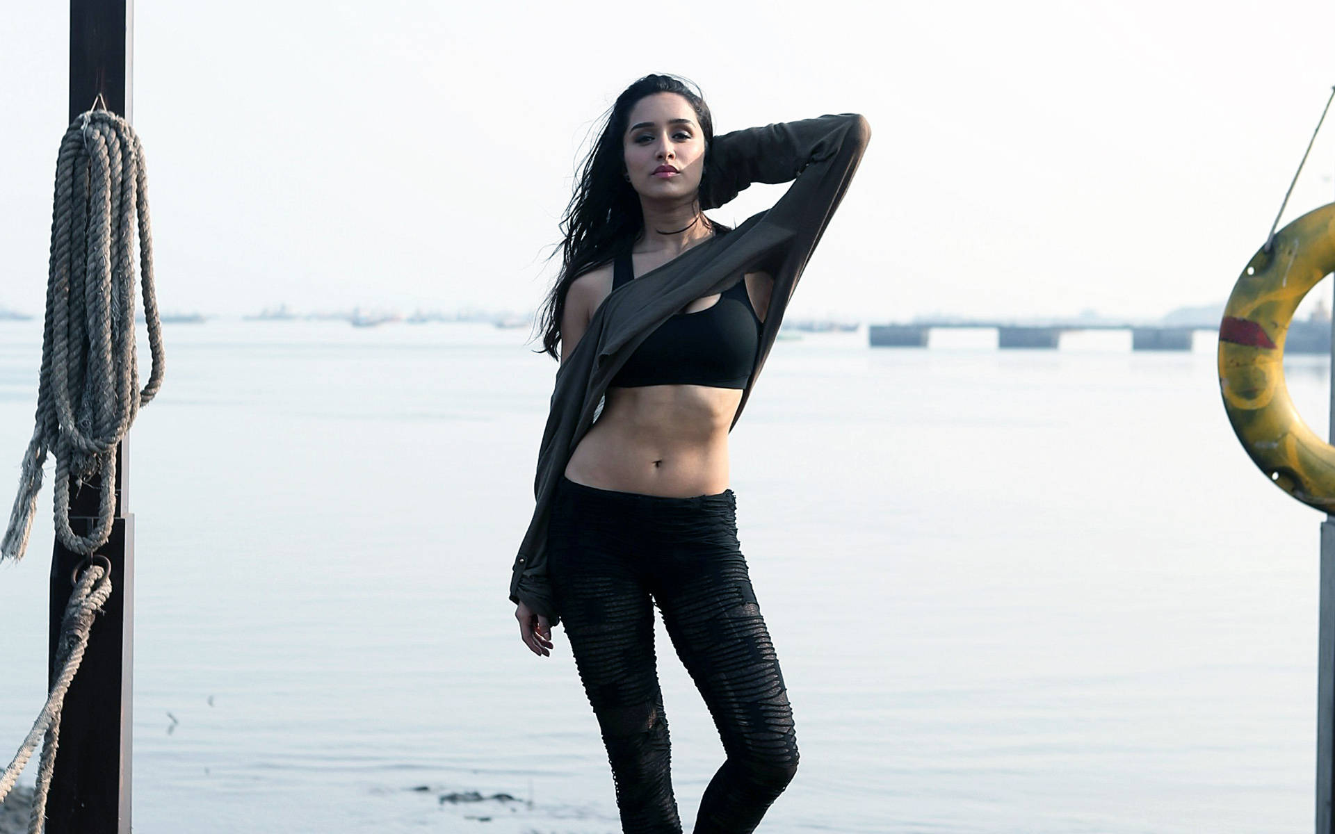 Shraddha Kapoor, black athletic wear, waterfront dock, Full HD Desktop Wallpaper