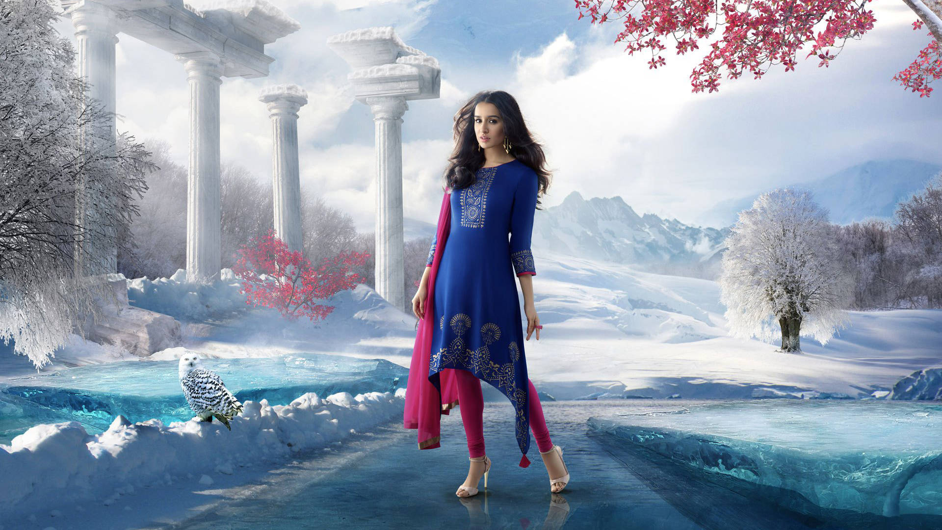 Shraddha Kapoor, salwar suit, blue and pink traditional attire, Full HD Desktop Wallpaper