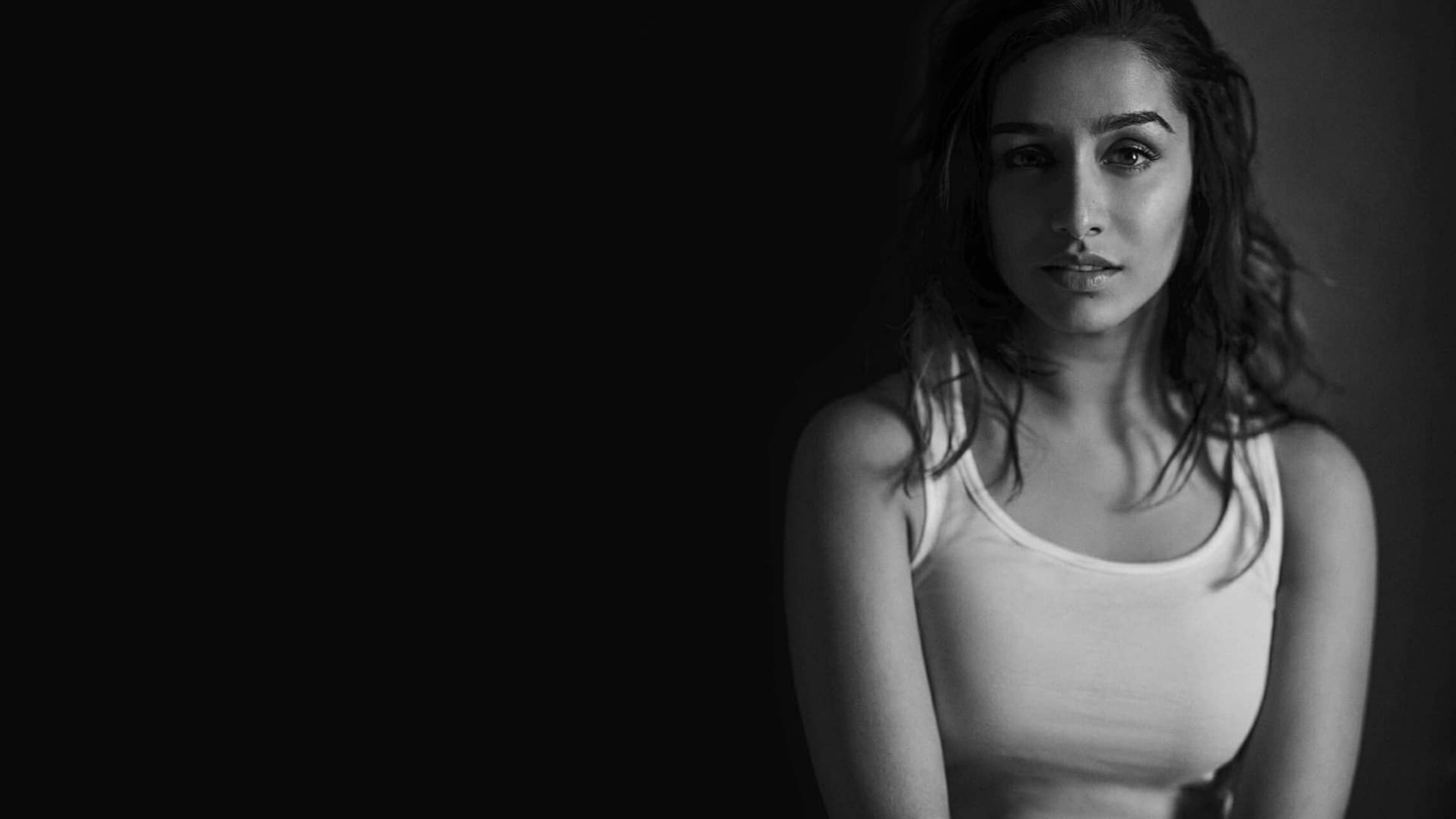 Shraddha Kapoor, white tank top, stark black background, 4K Desktop Wallpaper