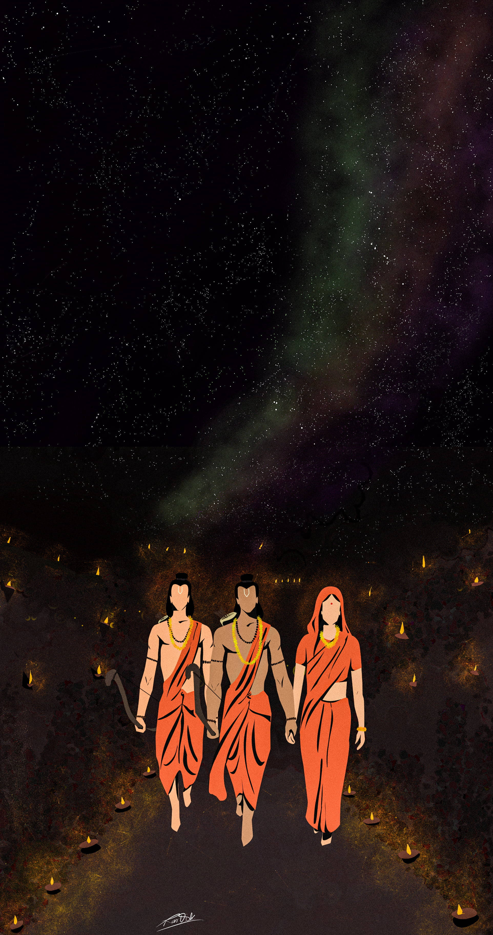 Shree Ram, robed figures, starry sky, 2K Phone Wallpaper