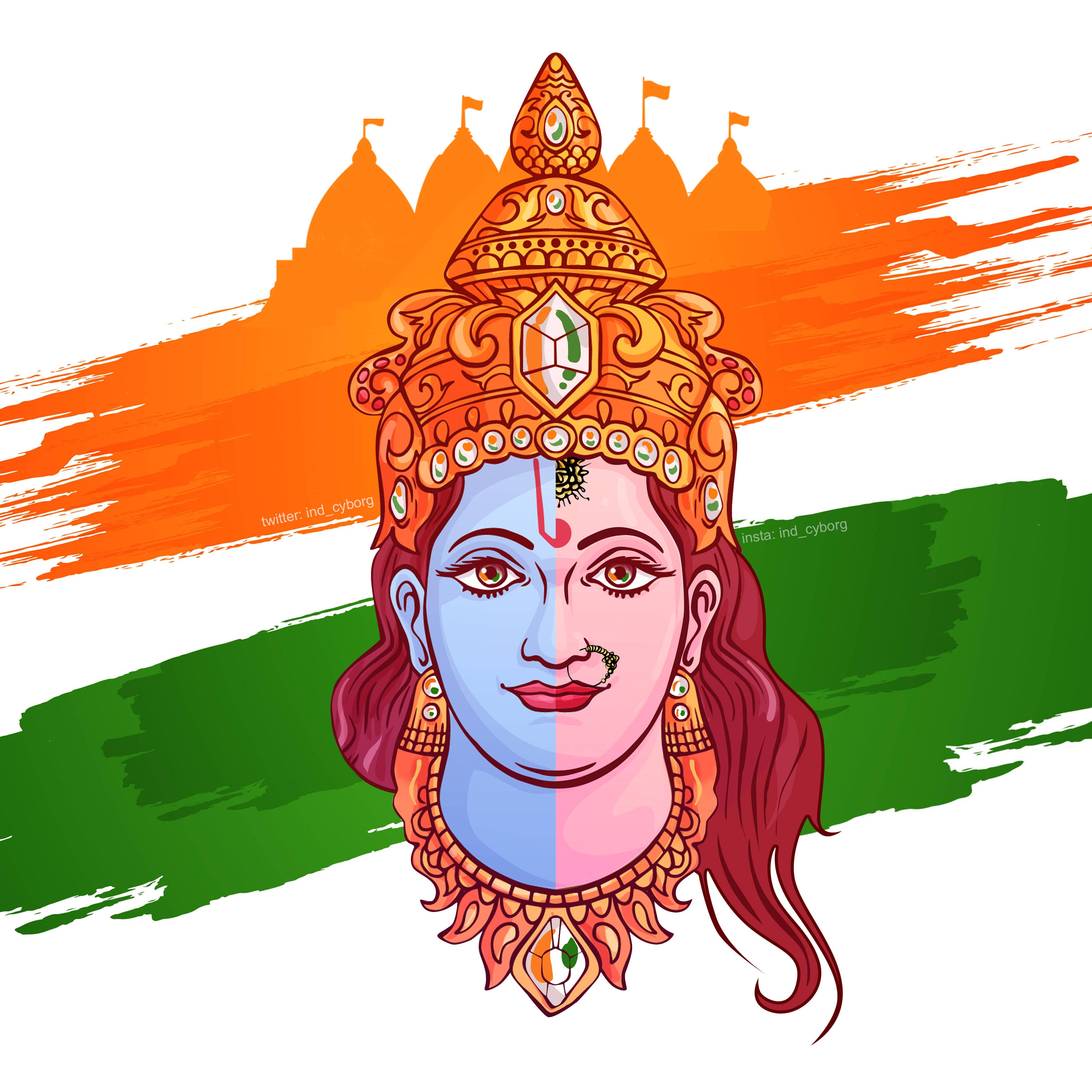 Shree Ram, Indian gods, half-blue half-pink face, 2K Desktop Wallpaper