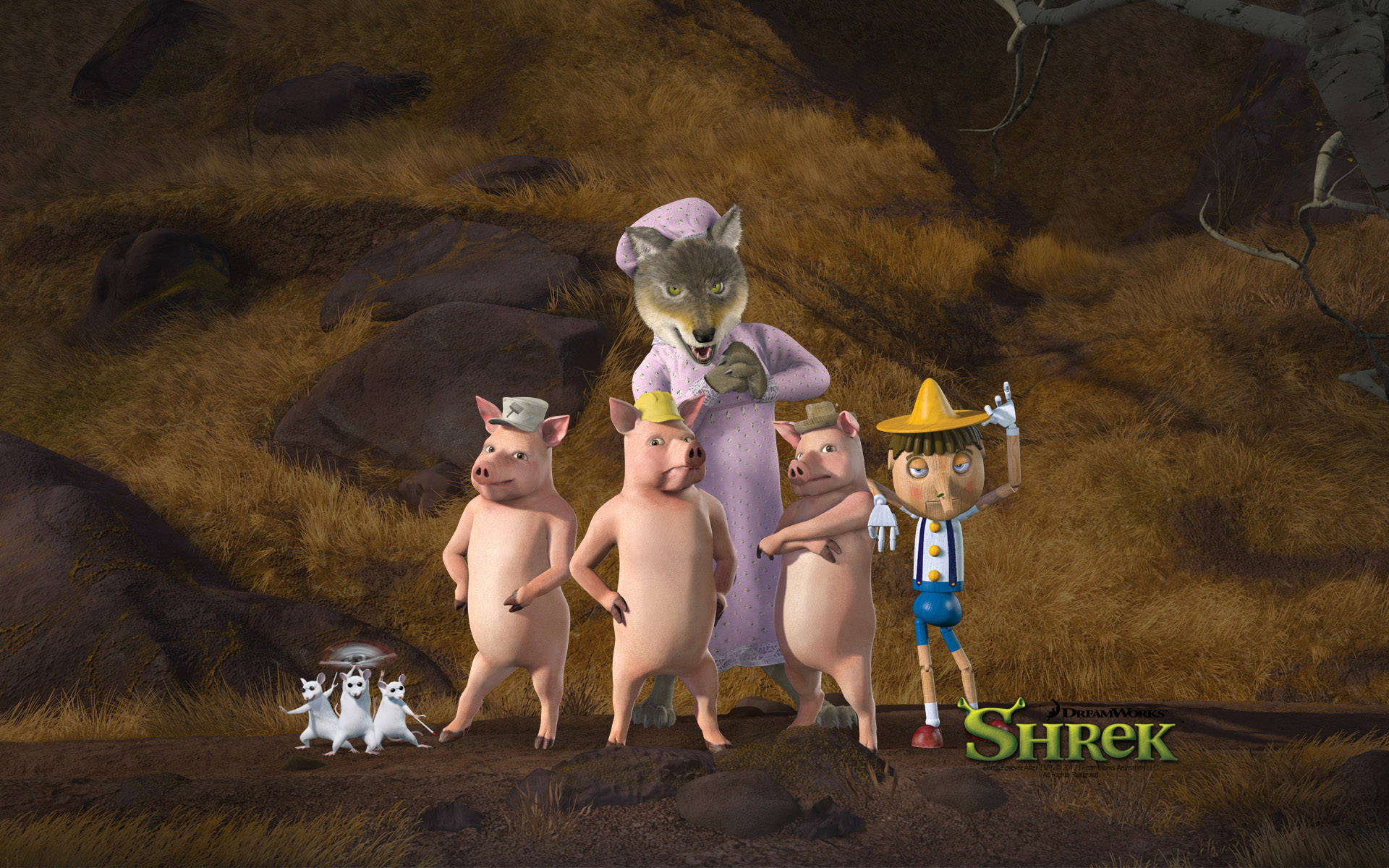 Shrek 4K, three pigs, wolf in purple, Full HD Desktop Wallpaper