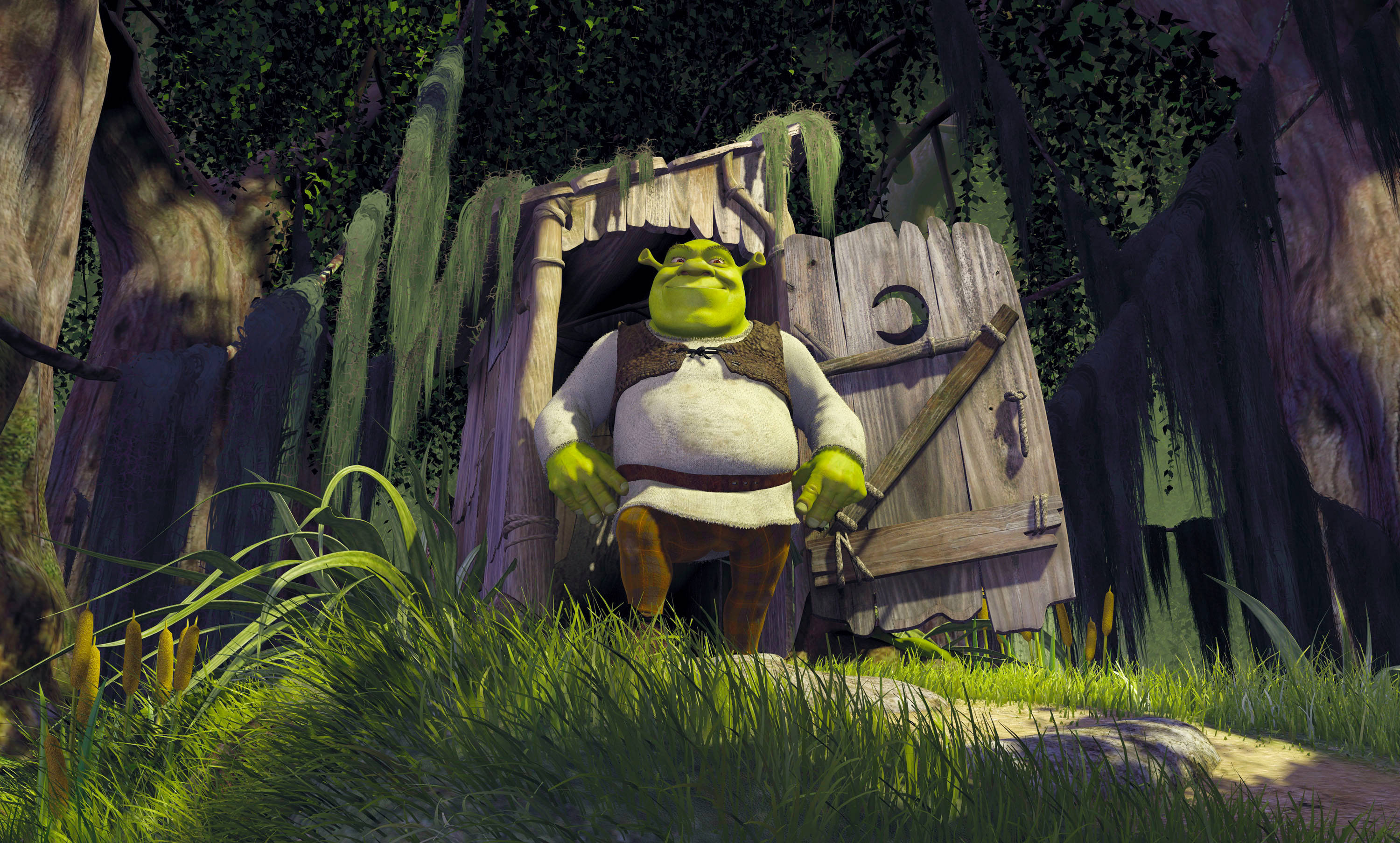 Shrek, mossy wooden house, doorway, 2K Desktop Wallpaper