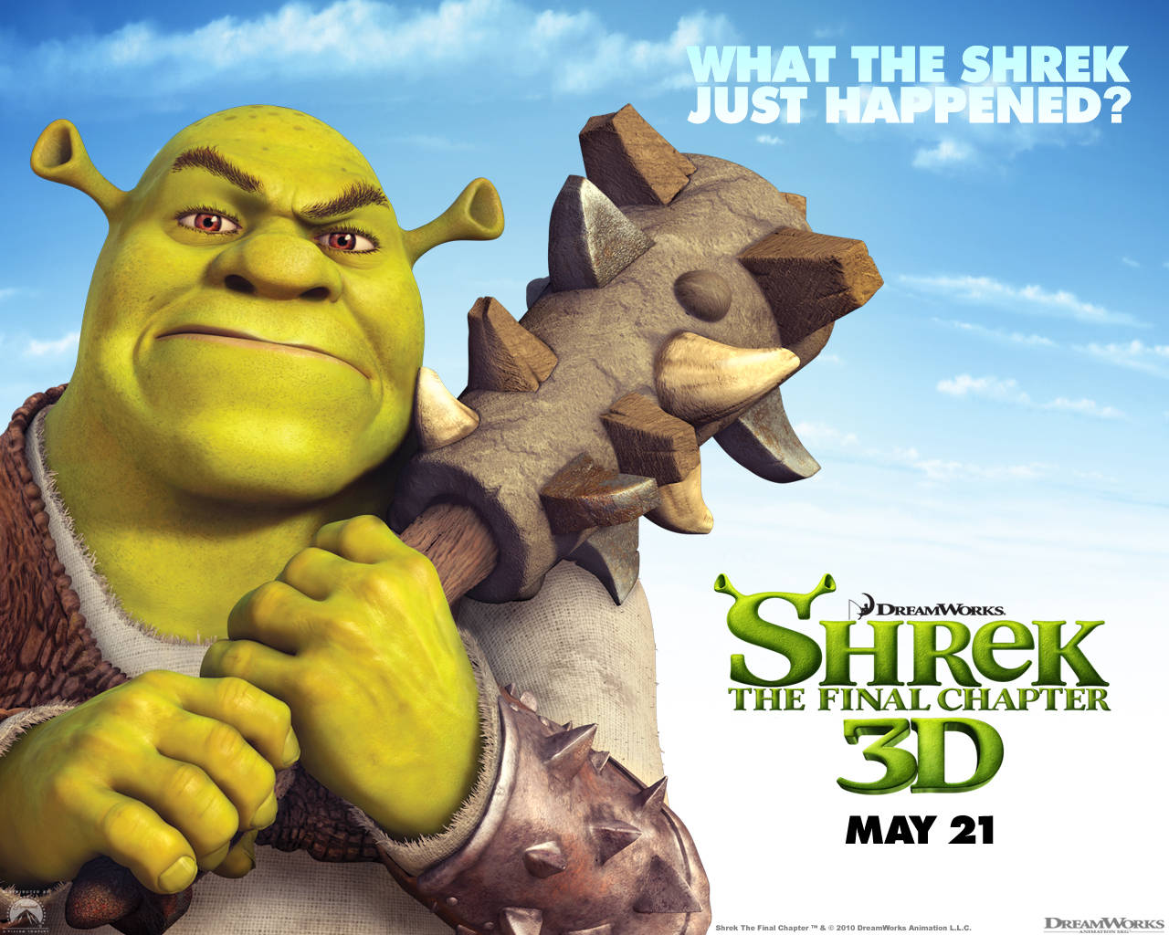 Shrek, spiked club, bright blue sky, HD Desktop Wallpaper