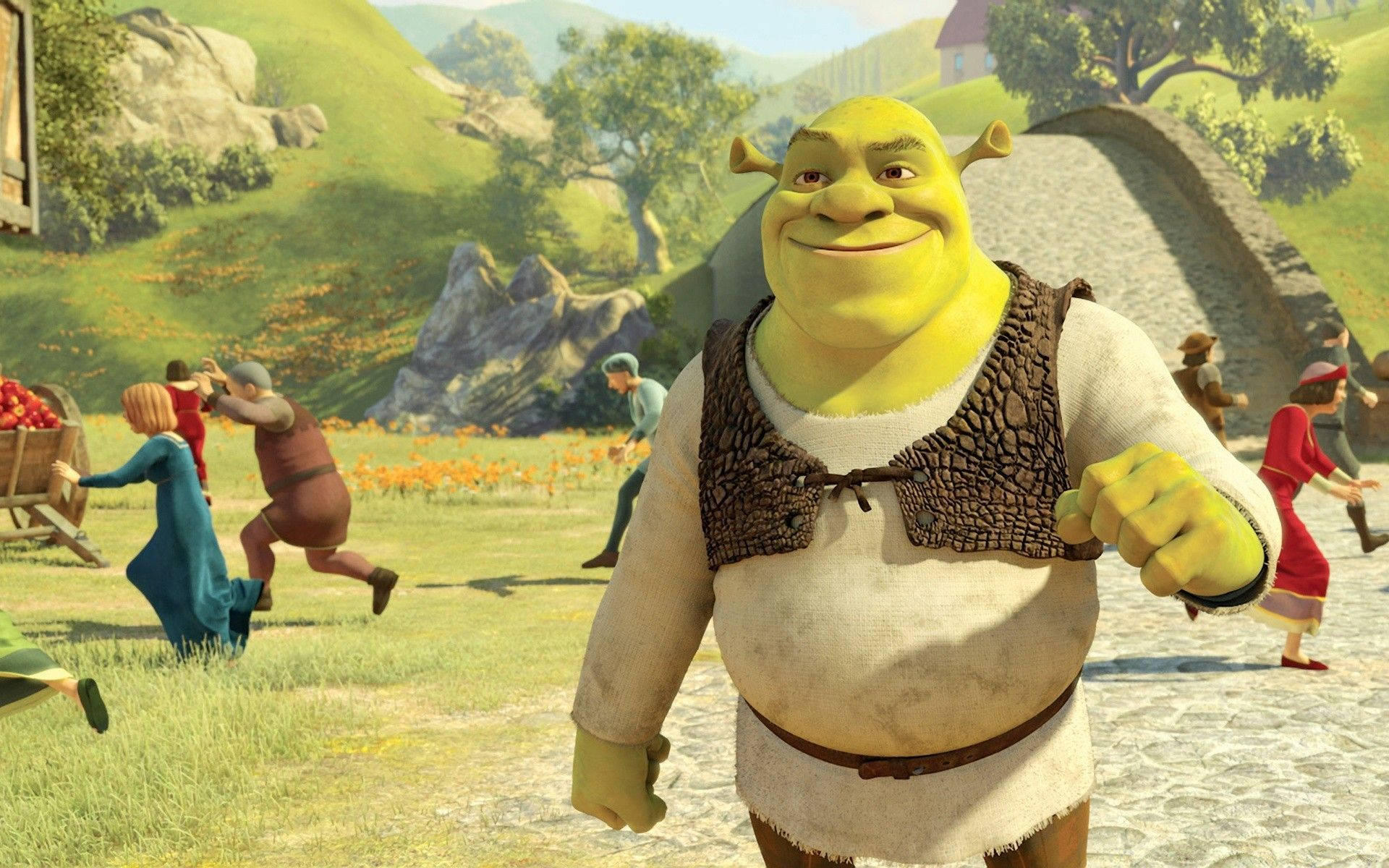 Shrek, medieval village, sunlit, Full HD Desktop Wallpaper
