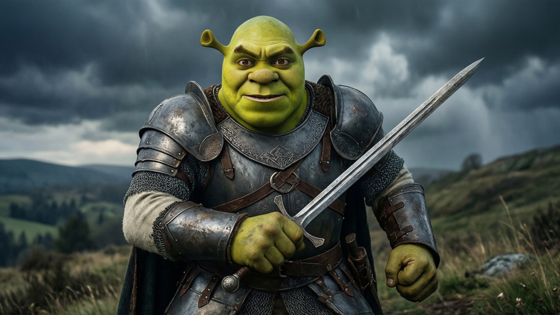 Shrek, medieval armor, sword, Full HD Desktop Wallpaper