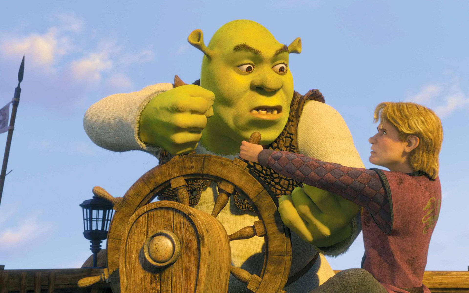 Shrek, blonde boy, wooden ship wheel, Full HD Desktop Wallpaper
