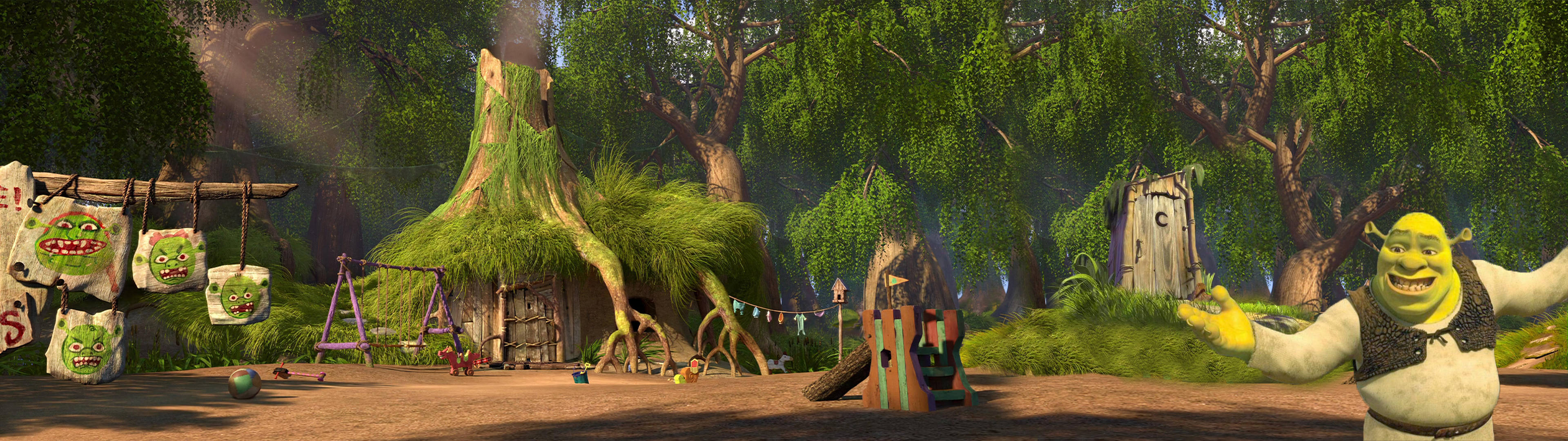 Shrek, muddy swamp home, ogre-themed decorations, 4K Desktop Wallpaper