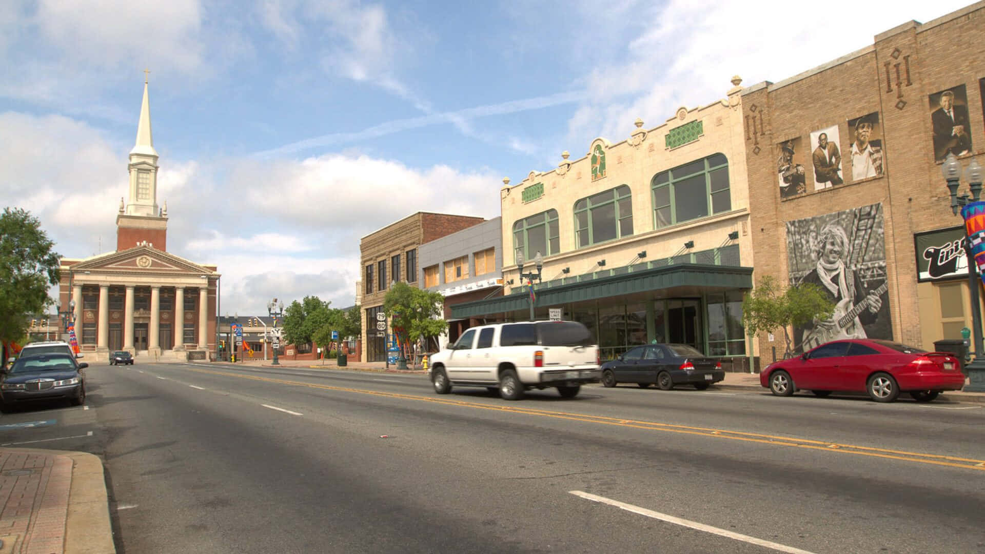 Shreveport, downtown street view, historic church spire, Full HD Desktop Wallpaper
