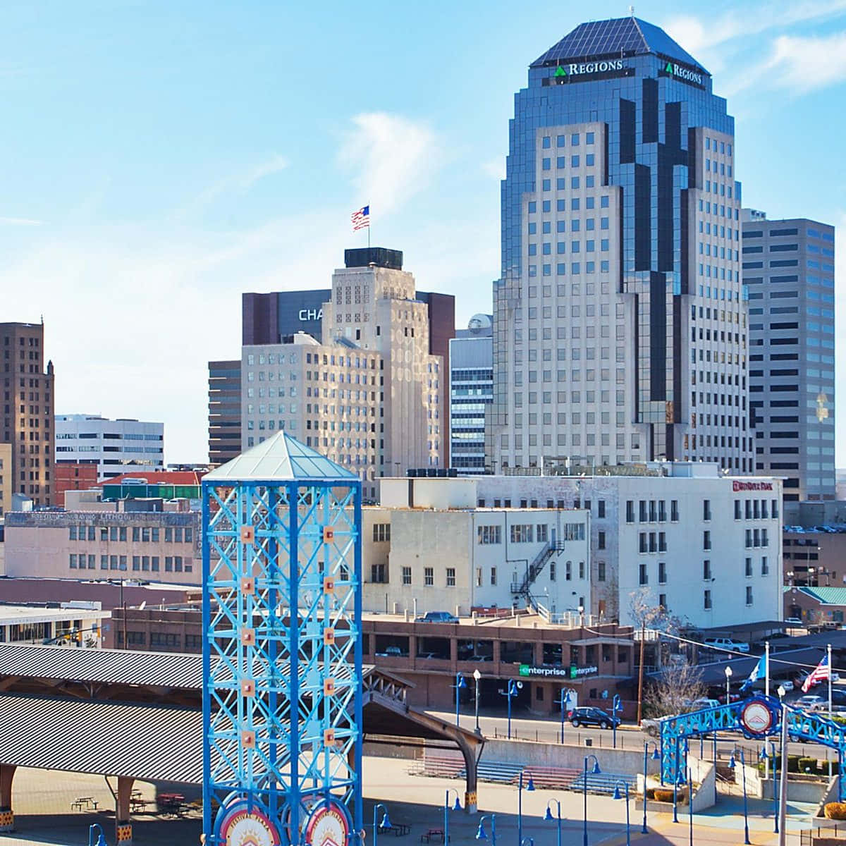 Shreveport skyline, Regions, vibrant blue amusement ride, SD Desktop Wallpaper