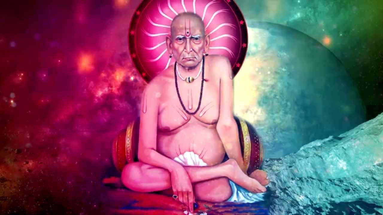 Shri Swami Samarth, cosmic throne, vibrant nebula, HD Desktop Wallpaper