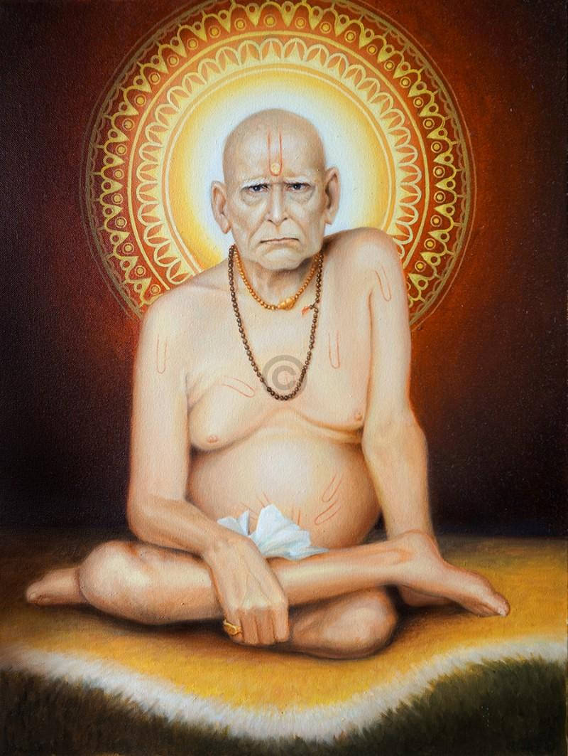 Shri Swami Samarth, orange abstract circle, bald sage, SD Phone Wallpaper