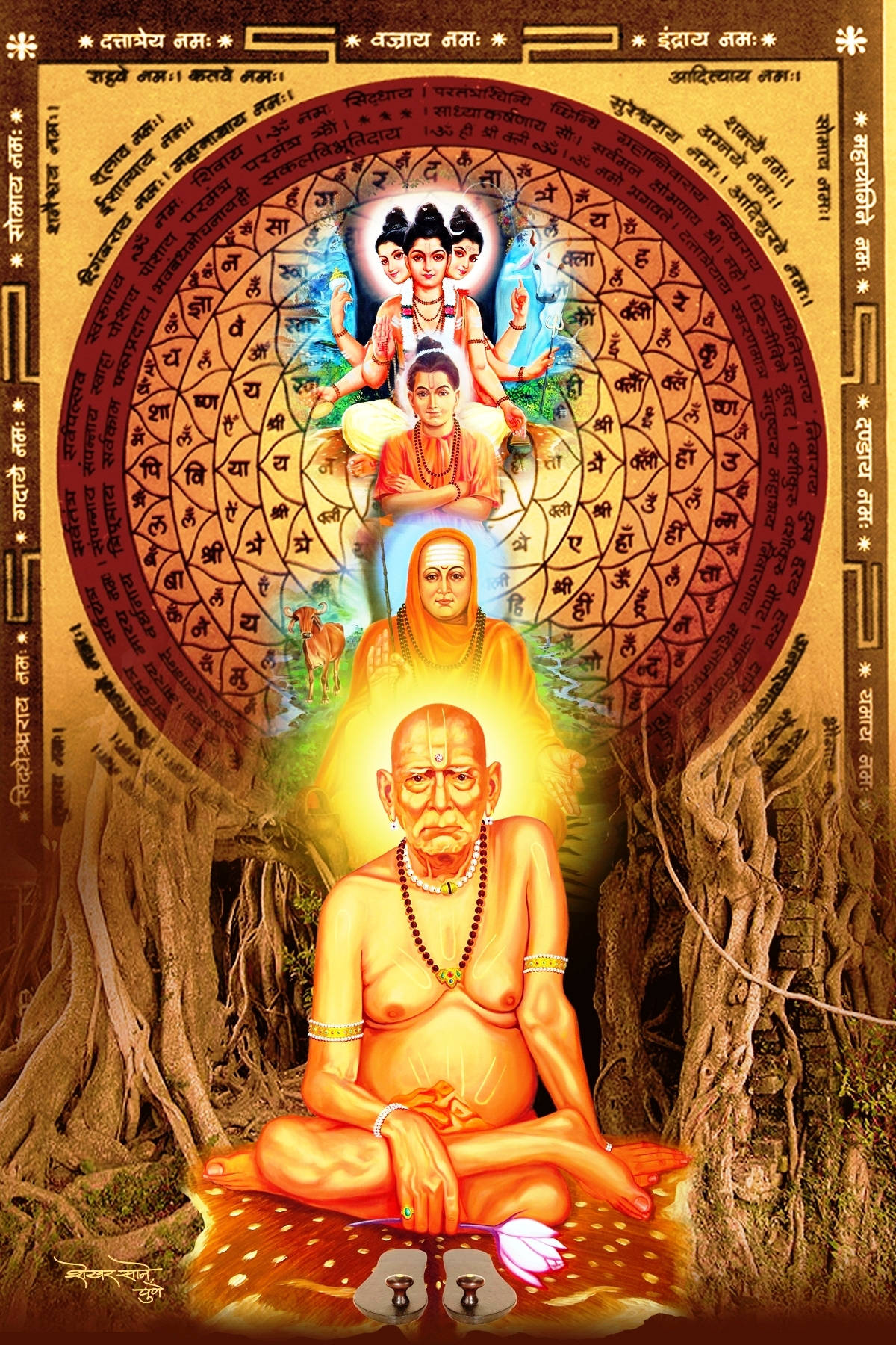 Shri Swami Samarth, ancient tree roots, divine figures, HD Phone Wallpaper
