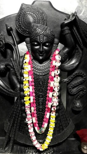 Shrinathji, all black statue, pink yellow and white flower garlands, SD Phone Wallpaper