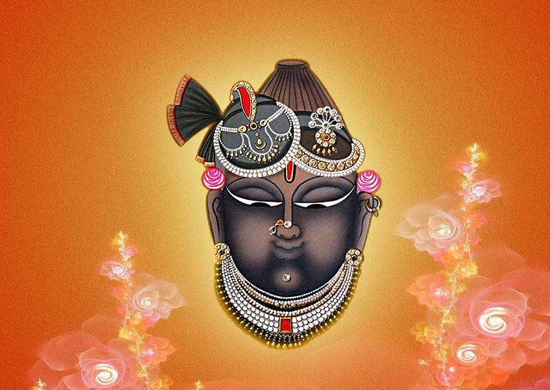 Shrinathji, orange gradient background, dark-skinned deity, SD Desktop Wallpaper
