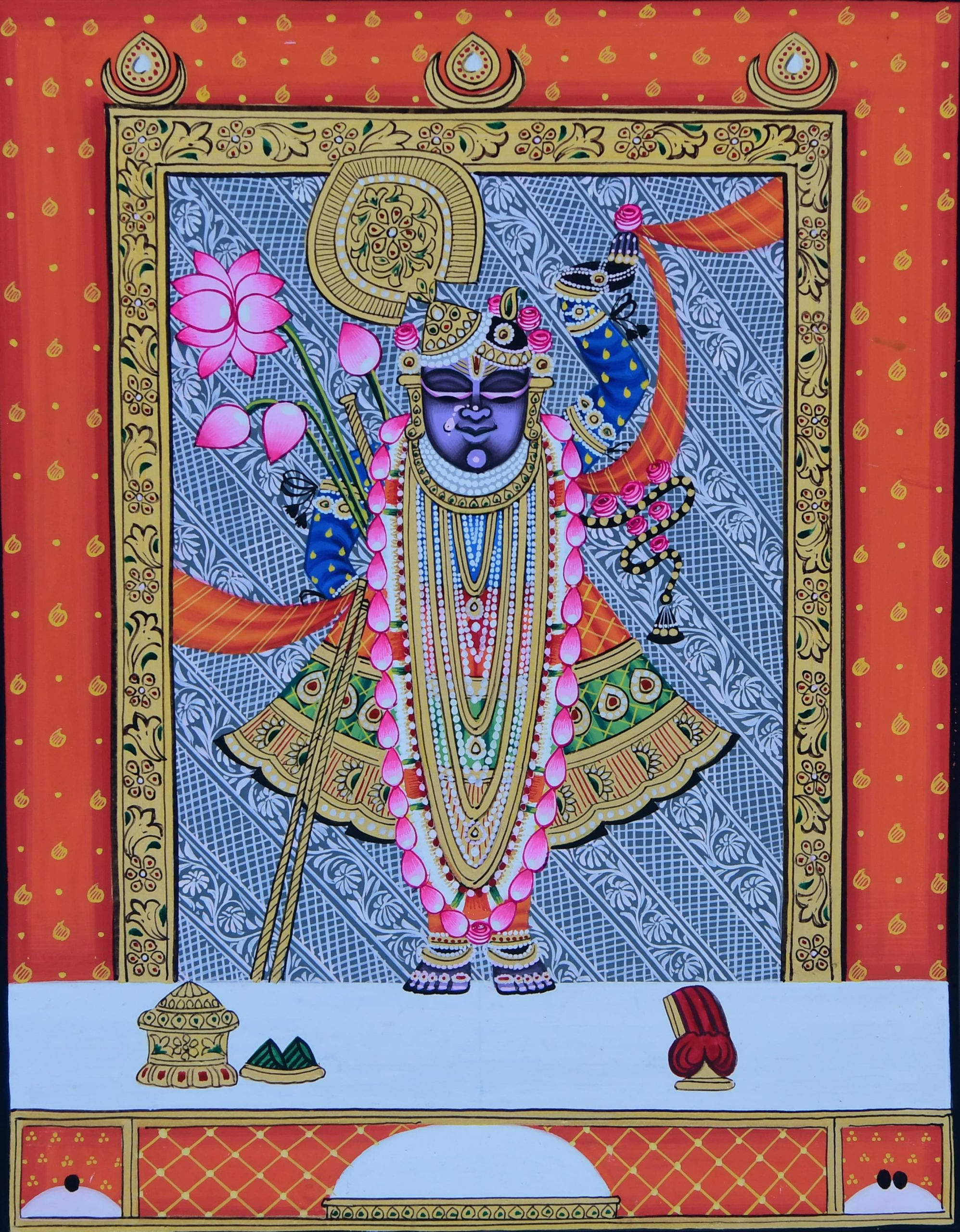 Shrinathji, orange frame, purple skin, 2K Phone Wallpaper