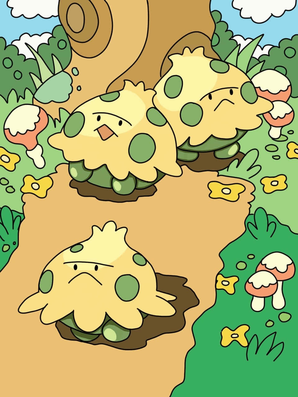 Shroomish, yellow mushroom creatures, green spots, HD Phone Wallpaper