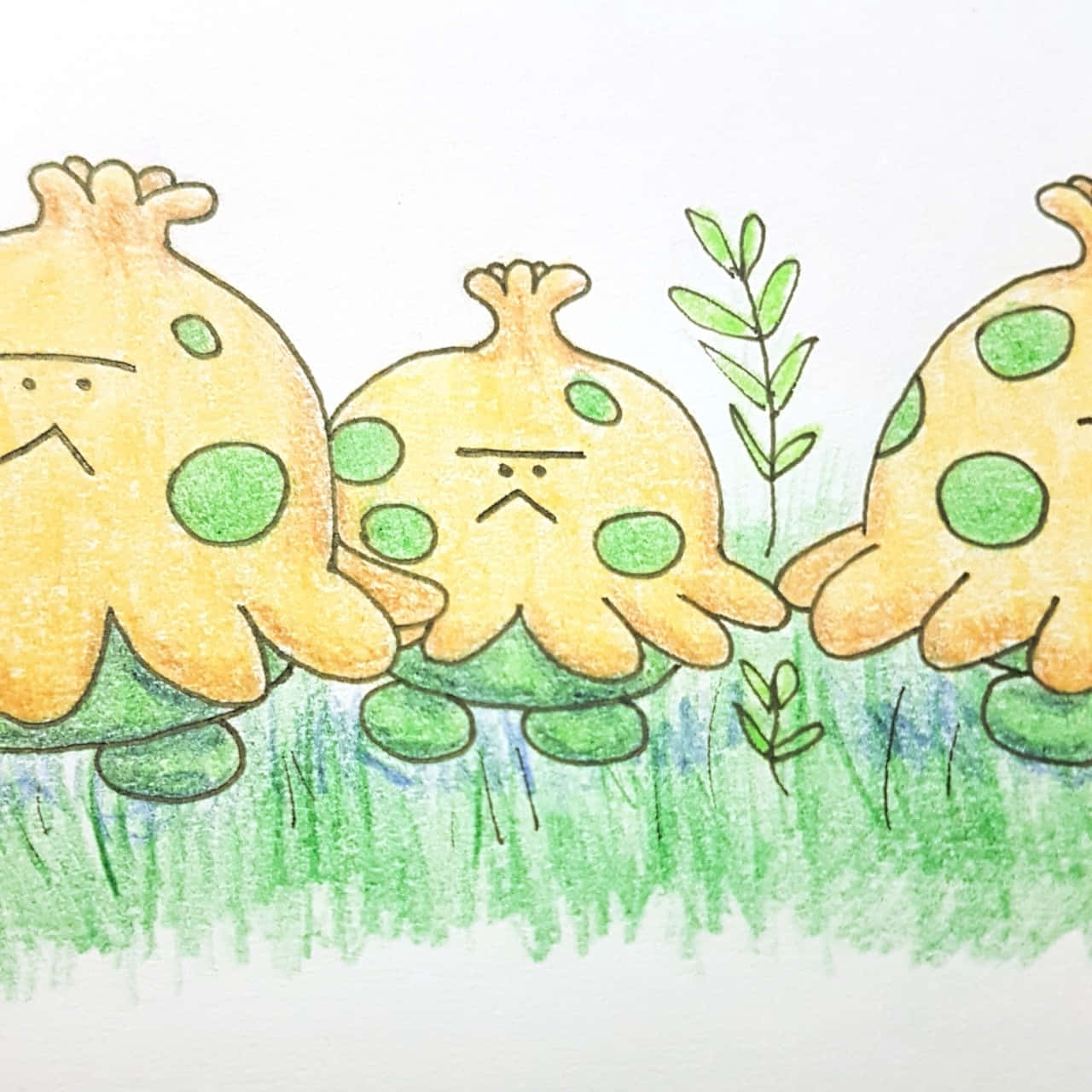 Shroomish, yellow spotted, frowning faces, HD Desktop Wallpaper