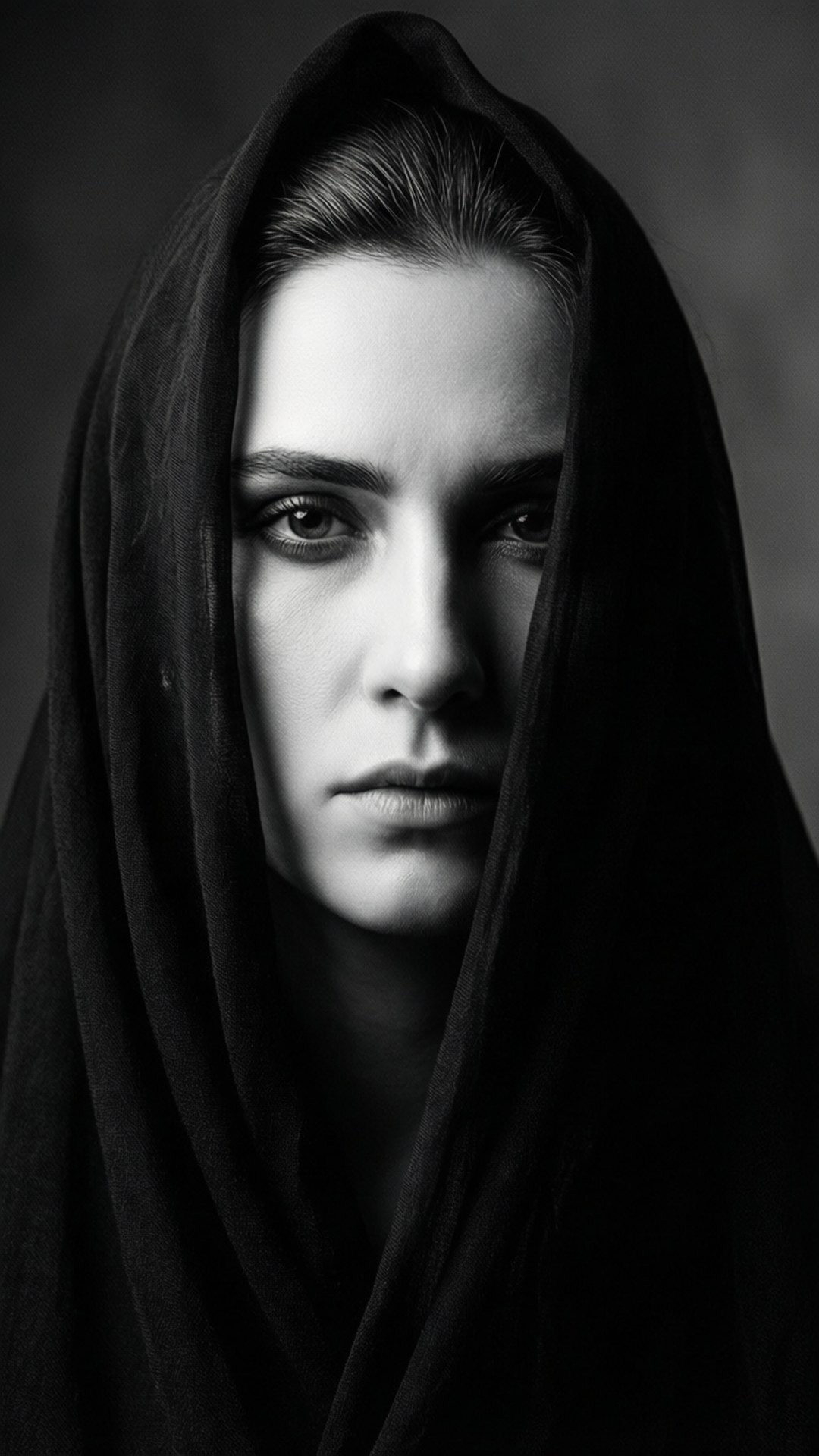 minimalist shroud, black veil, monochrome portrait, Full HD Phone Wallpaper
