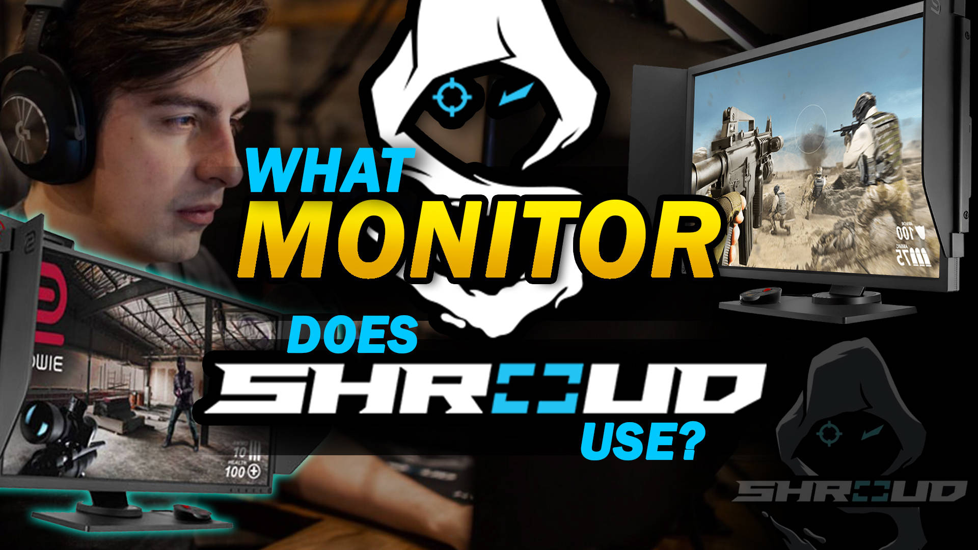 Shroud, first-person shooter game, hooded mascot graphic overlay, Full HD Desktop Wallpaper