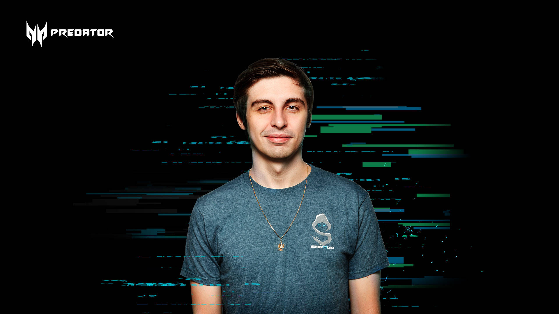 Shroud, gray t-shirt, glitchy digital background, Full HD Desktop Wallpaper