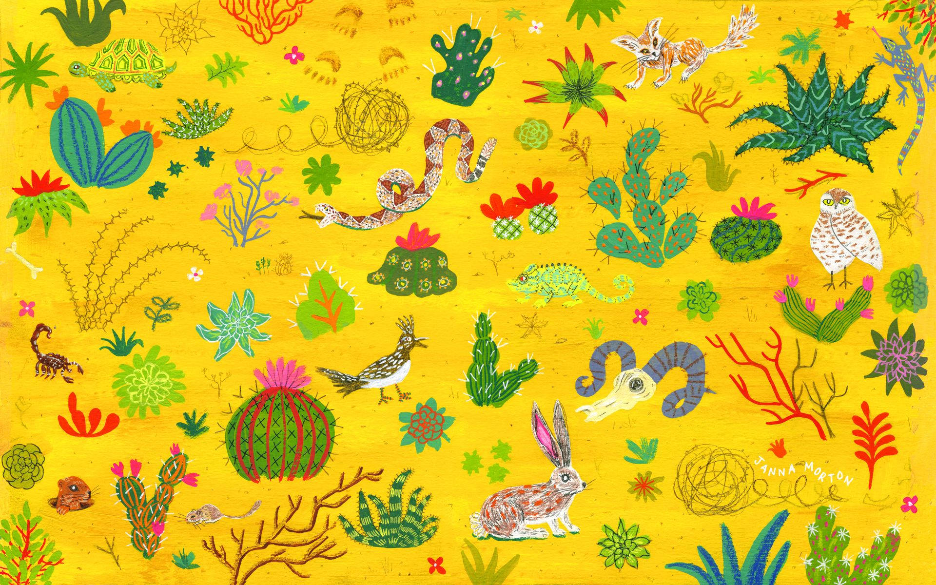 yellow aesthetic, succulent plants, whimsical hand-drawn desert animals, Full HD Desktop Wallpaper