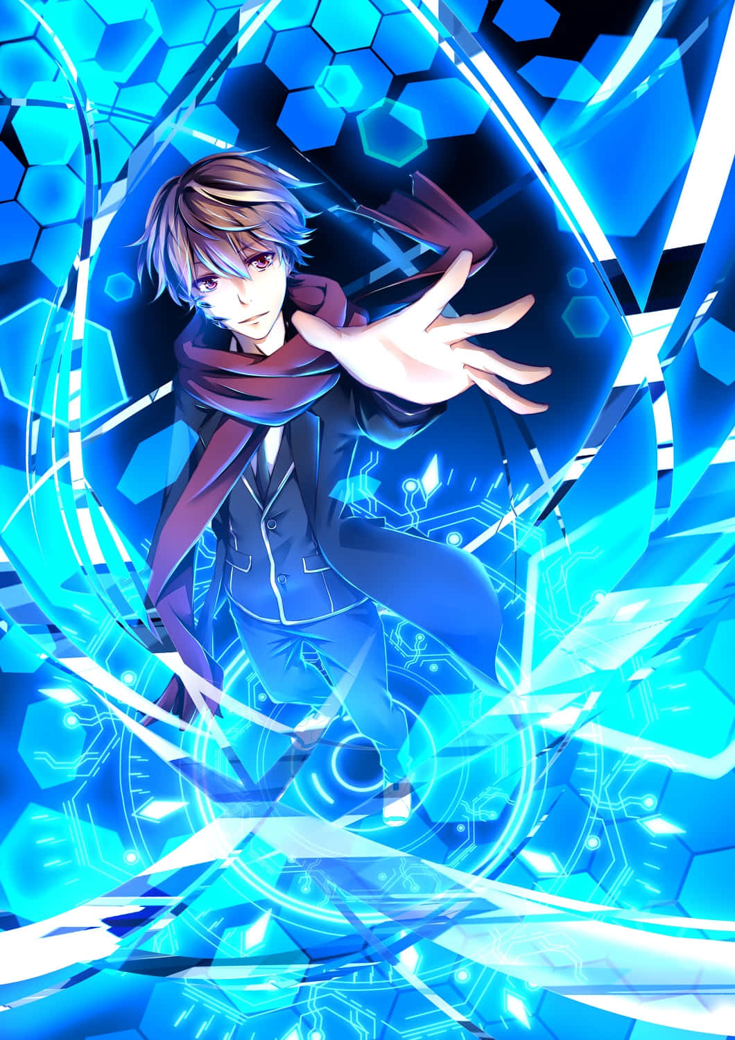 Shu Ouma, glowing blue hexagonal energy, circuit patterns, HD Phone Wallpaper