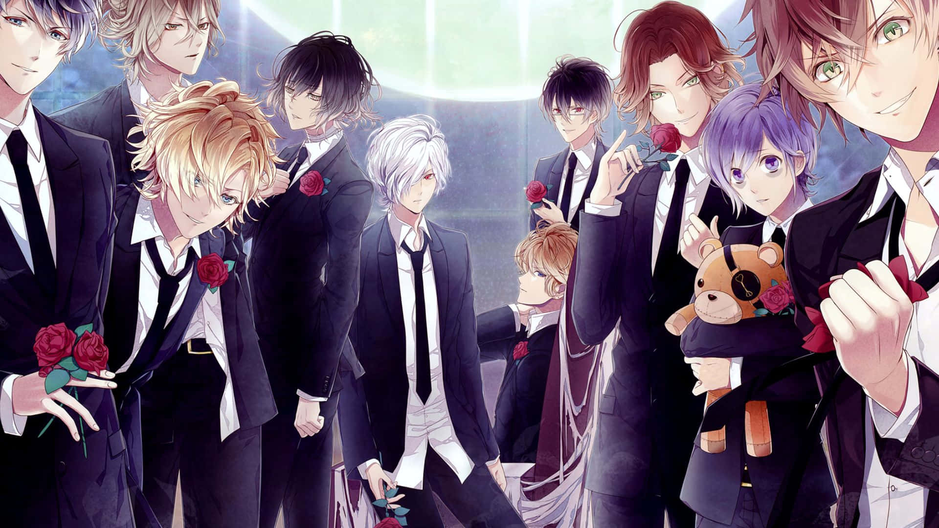 Shu Sakamaki, black suits, red roses, Full HD Desktop Wallpaper