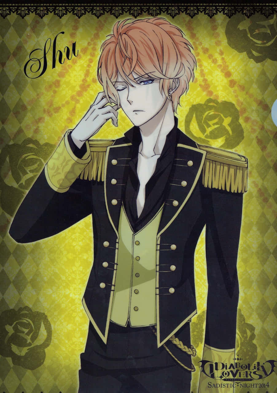 Shu Sakamaki, black and gold military-style jacket, yellow rose-patterned background, HD Phone Wallpaper