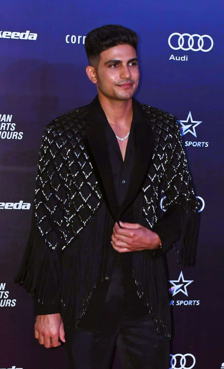 Shubman Gill, black sequined fringed jacket, branded event backdrop, HD Phone Wallpaper