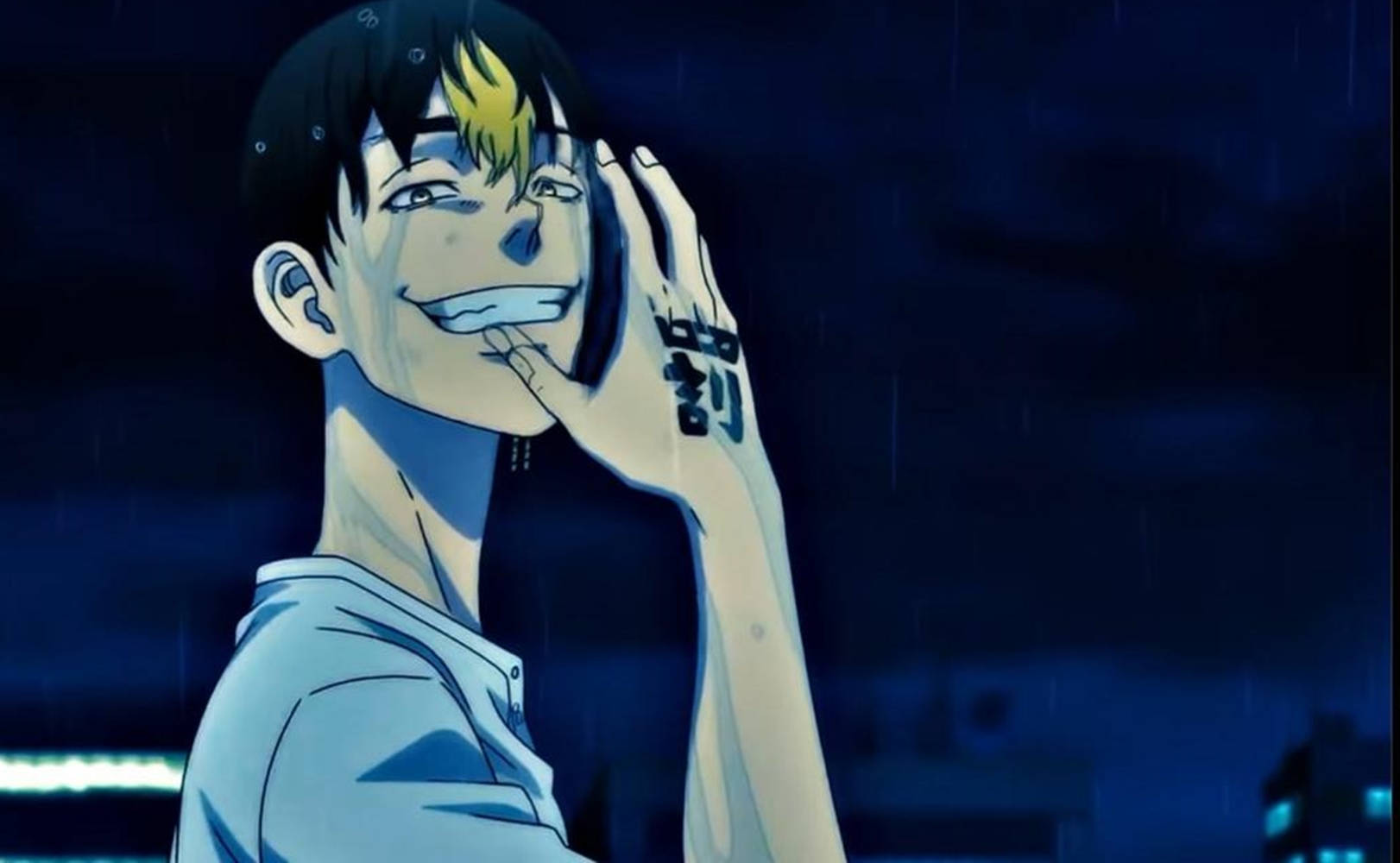 Shuji Hanma, yellow streak in his hair, rain at night, HD Desktop Wallpaper